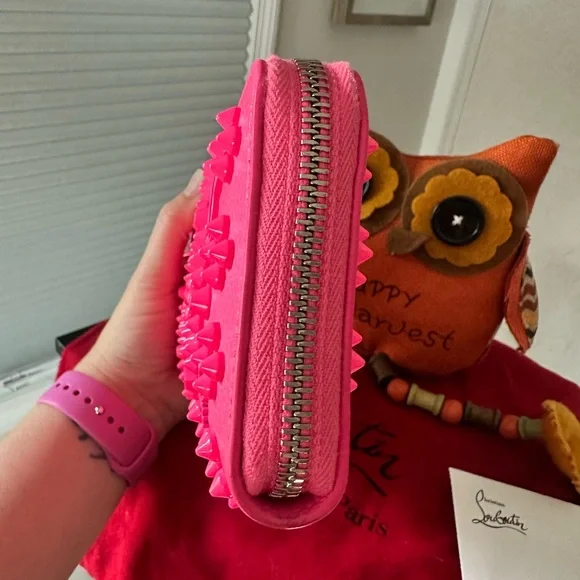 Christian Louboutin RARE COLOR Neon Pink Studded Wallet zippy Card Holder - Picture 6 of 13
